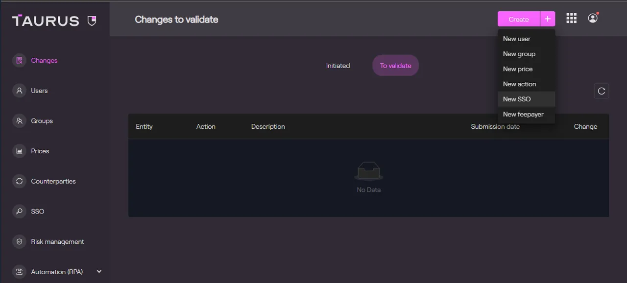 New SSO configuration from Create menu